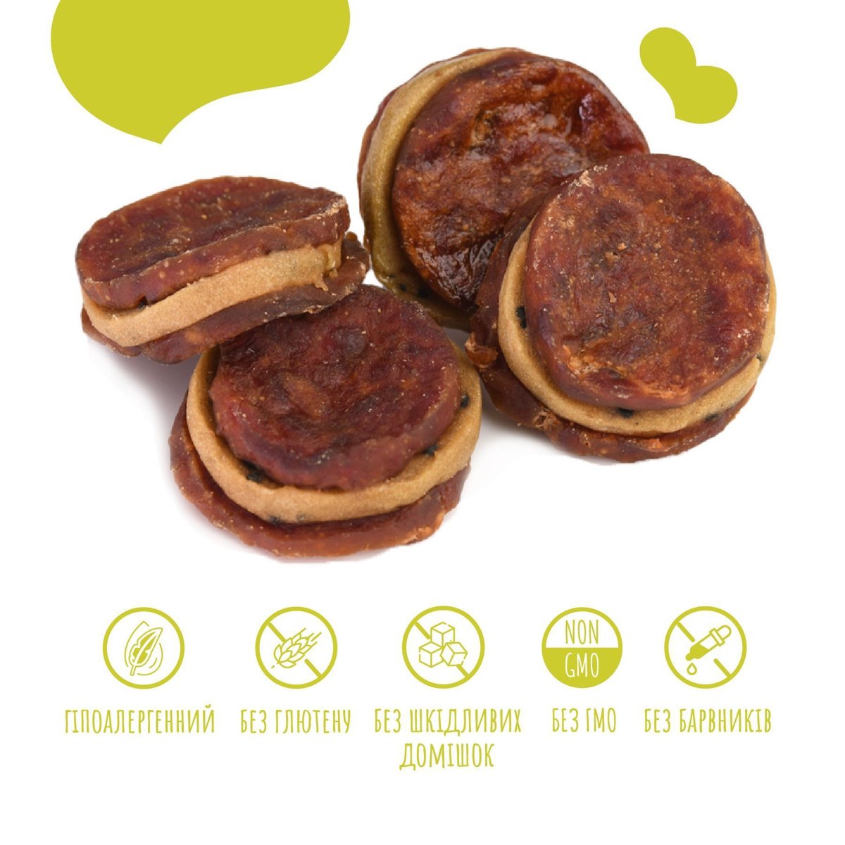 Ласощі для котів і собак Mavsy Turkey Duck Round Chip With Kiwi — біфштекс з індички та качки під ківі соусом, 100 г — Фото 2
