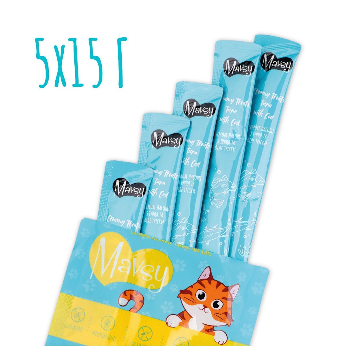 Рідкі кремоподібні ласощі для котів з тунцем та тріскою Mavsy Creamy Treats Tuna With Cod, 30×15 г — Фото 2