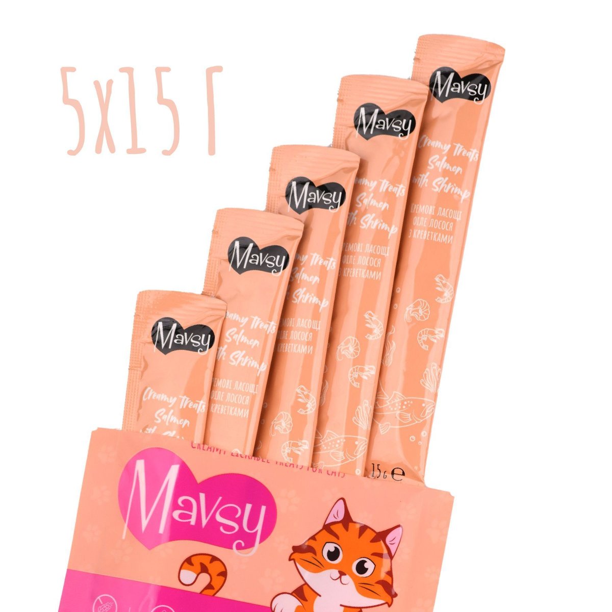 Кремові ласощі для котів з лососем та креветками Mavsy Creamy Treats Salmon With Shrimp, 5×15 г — Фото 2