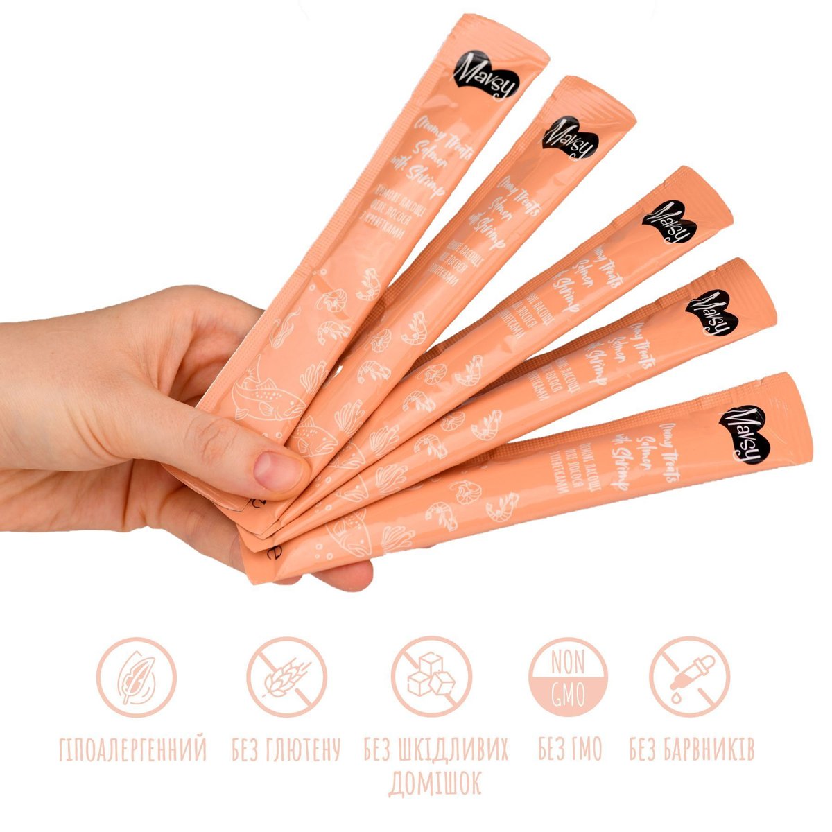 Рідкі кремоподібні ласощі для котів з лососем та креветками Mavsy Creamy Treats Salmon With Shrimp, 30×15 г — Фото 6