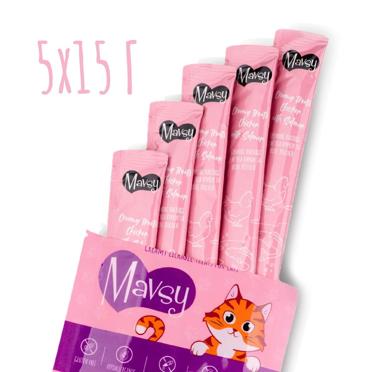 Кремові ласощі для котів з куркою та лососем Mavsy Creamy Treats Chicken With Salmon, 5×15 г — Фото 2